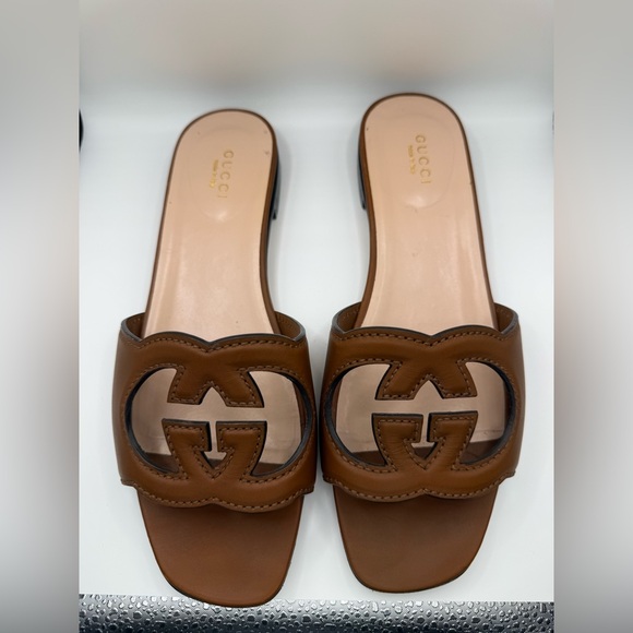 Gucci Shoes - Gucci Brown Leather Interlocking G Slide Sandals